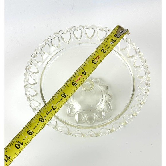 Vintage Clear Glass Footed Cake Pedestal Open Lace Heart Shaped Cut Outs - Picture 8 of 9